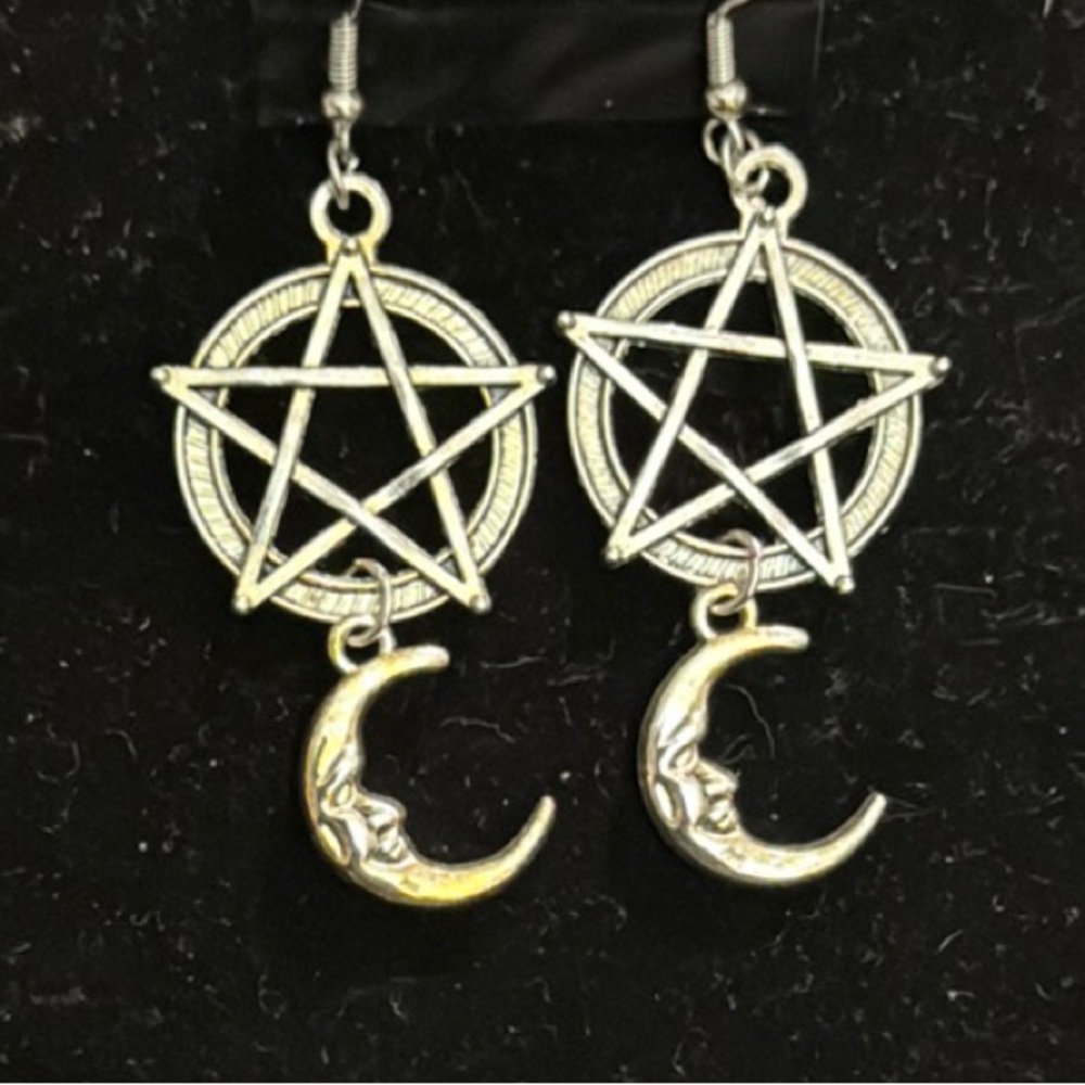 Silver Pentagram and Crescent Moon Earrings
